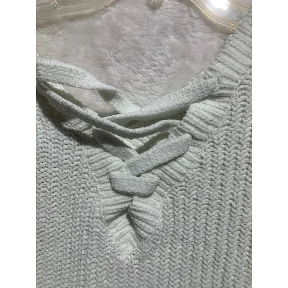 Derek‎ Heart XL Cream Cable Knit Lace Up V Neck Distressed Tunic Sweater - Picture 7 of 10